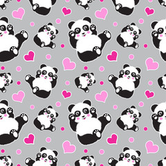 Seamless pattern with cute panda bear and hearts. Funny children's background, print, gift wrap.