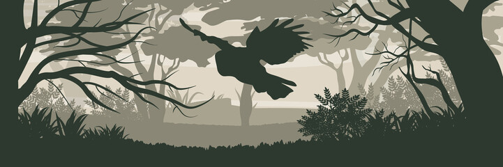 Silhouette. Tawny owl flying through a dense forest. Gray tawny. Wild animals and birds of Eurasia and Scandinavia. Strix aluco. Realistic Vector Landscape