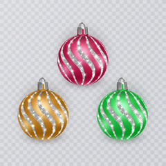 Colorful christmas balls on transparent background, vector christmas decorations