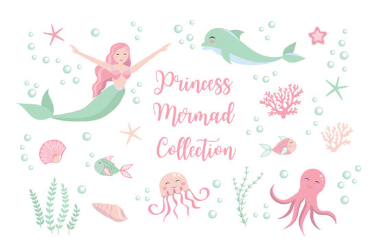 Cute set little mermaid princess and dolphin, octopus, fish, jellyfish, coral. underwater world collection