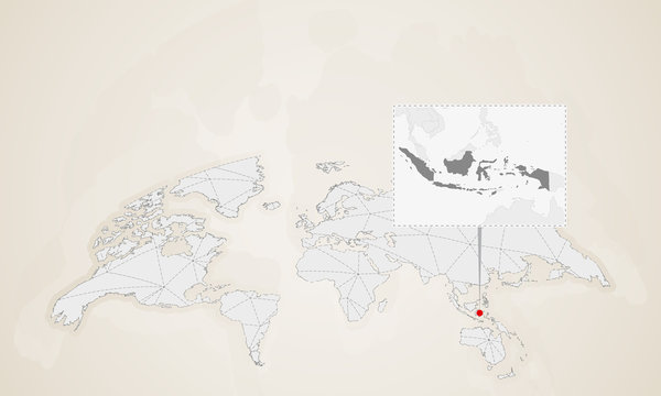 Map of Indonesia with neighbor countries pinned on world map.