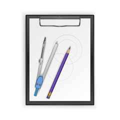 Drawing tool kit, compass, pencil on clipboard, drawing tools. Vector illustration