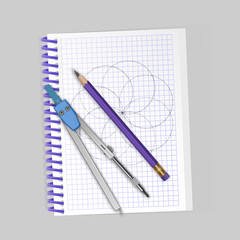 Drawing tool kit, compass, pencil on notebook, realistic drawing tools. Vector illustration