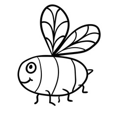 Cute cartoon doodle linear bee isolated on white background. Vector illustration.  