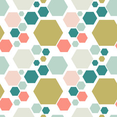 Colorful abstract messy seamless pattern with hexagon, geometric shapes. Vector illustration.  
