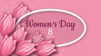 Abstract Pink Floral Greeting card - International Happy Women's Day - 8 March holiday background with paper cut Frame Flowers. Trendy Design Template. Vector illustration.
