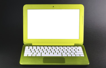 Yellow laptop with white screen on red background, monitor template, display mock up