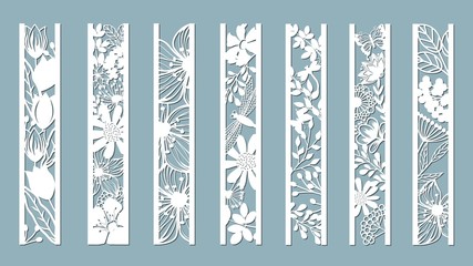 panels with floral pattern. Flowers and leaves. Laser cut. Set of bookmarks templates. Image for laser cutting, plotter cutting or printing. Tulip, Daisy. plotter and screen printing. serigraphy - obrazy, fototapety, plakaty
