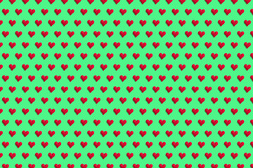 Red hearts on a colored green background. Pattern for the design of textiles and wallpaper. Concept of sv. Valentine's and women's day.