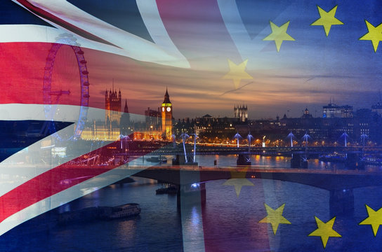  BREXIT conceptual image of London image and UK and EU flags overlaid symbolising agreement and deal being processed