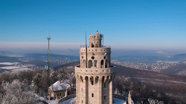 Drone footage. Snowy "Erzs&radic;&copy;bet kil&radic;&deg;t&radic;&ge;" viewpoint in winter Budapest, Hungary. Recorded with a DJI Spark in 1080p 30fps