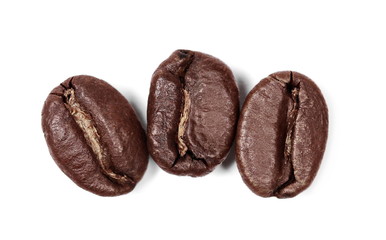 Coffee beans macro isolated on white, top view  