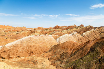 Fototapeta na wymiar Danxia Feng, or Colored Rainbow Mountains, in Zhangye, Gansu, China. Here the view from the Sea of Clouds observation deck