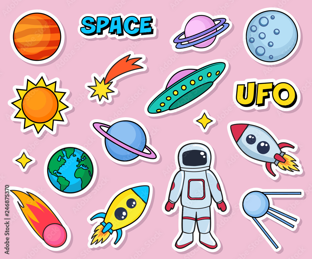 Wall mural cute patches set with space cosmonaut planets sun earth rockets spaceships moon ufo comet satellite 