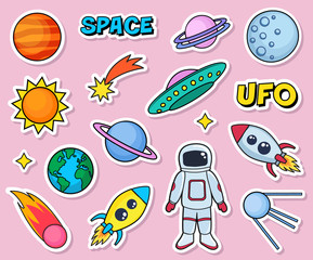 Cute patches set with space cosmonaut planets sun earth rockets spaceships moon ufo comet satellite and stars on pink background. Fashion stickers, cartoon 80s-90s style. Vector illustration