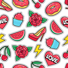 Cute seamless pattern with colorful patches. Stickers of rose flower, cherry, heart, watermelon, donut, cupcake etc on white background. Fashion cool patches and stickers