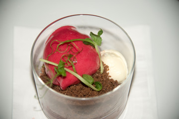 Summer dessert, a classic  cake and  strawberry sorbe decorated with fresh leaves .
