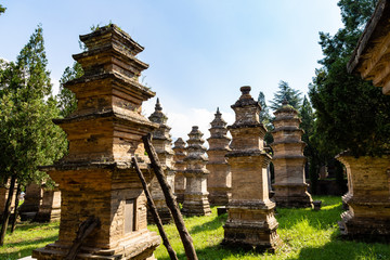 Pagoda forest in Shaolin temple, Dengfeng, Henan Province, China. It is the burying places of the most eminent monks of the temple over the centuries, and the biggest group of pagodas in the world