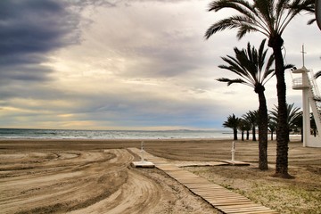 Beach under stormy sky