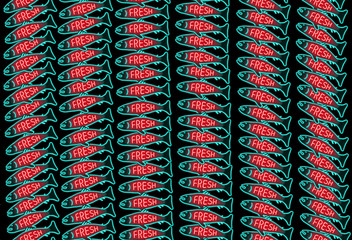 A glowing neon sign shows a fish with the word fresh and a large school swimming on the page in this seafood illustration.
