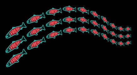A glowing neon sign shows a fish with the word fresh and a large school swimming on the page in this seafood illustration.