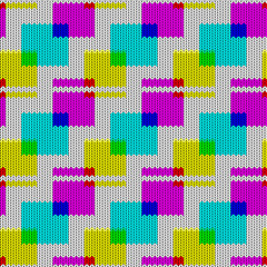 Seamless background with a knitted texture, imitation of wool. Multicolored diverse squares.