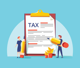 Online tax form vector illustration concept, people filling tax form, can use for, landing page, template, ui web