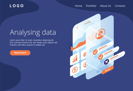 Build a customer profile in a mobile application. Data analysis and office situations. Isometric vector illustration.