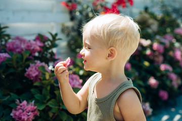 New life concept. Spring holiday. Childrens day. Small baby boy. Little boy at blooming flower. Summer. Mothers or womens day. Spring flowers. Childhood. Spring everywhere