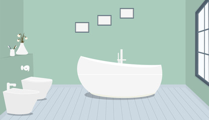 Fototapeta na wymiar Provencal style bathroom with fashionable bath,toilet, bidet, toilet paper,vase with snowdrops,a large window,paintings on greenish blue wall.Wooden planks on floor.Vector illustration