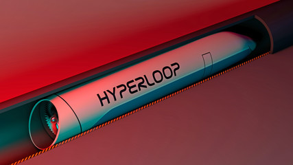 Stazione dei treni e Hyperloop. Passeggeri in attesa del treno. Tecnologia futuribile per il trasporto ad alta velocità di merci e passeggeri all'interno di tubi a bassa pressione. 3d rendering © Naeblys