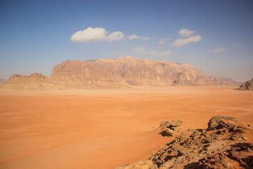 desert scenic landscape panorama view with mountain rock ridge background in vivid colorful summer dry day time, world travel hiking concept photography  