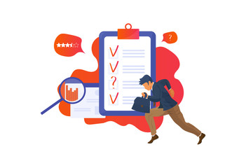 Poll opinion survey concept vector illustration. Opinion statistical survey checklist presentation template for pollsters. Checkbox Document, Running Pollster and infographic charts elements.