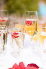 Sekt mit Himbeeren beim Empfang