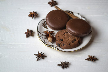 Chocolate cookies at the plate.