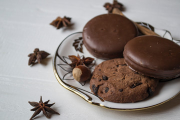 Chocolate cookies at the plate.