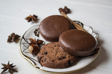 Chocolate cookies at the plate.