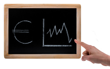 Hand pointing to Euro value diagram on a blackboard on white background - 246882728