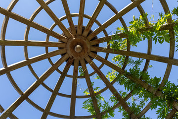 Wooden gazebo roof design blue sky at background