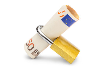 Padlock with euro bills on white.