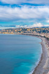 Nice, aerial view of the promenade des Anglais, the old town on the French Riviera