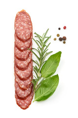 Dried Sausage slices with herbs, top view, isolated on white background