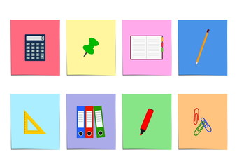 vector office icon set of calculator, file folders, pencil, triangle ruler, notebook on colored sheet of paper