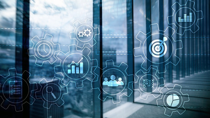 Business process automation concept. Gears and icons on abstract background.