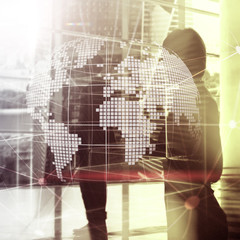 3D Earth hologram on blurred background.Global business and communication concept.
