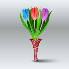 Multicolored realistic tulips in a thin vase on a gray background. Vector illustration.