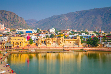 Panoramic view on Holy Lake and city Pushkar, Rajasthan, India.