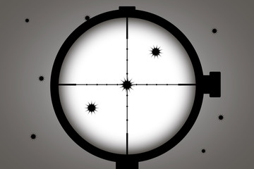 holes from bullets on a white wall, view through a rifle optical sight