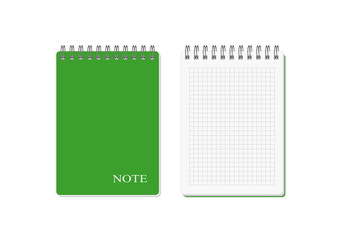 Spiral copybook with a cover of green color and with the inscription note and the same open