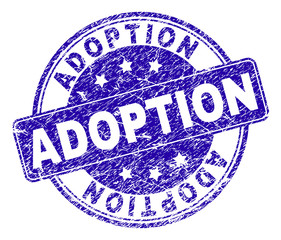 ADOPTION stamp seal watermark with grunge texture. Designed with rounded rectangle and circles. Blue vector rubber watermark of ADOPTION text with dust texture.
